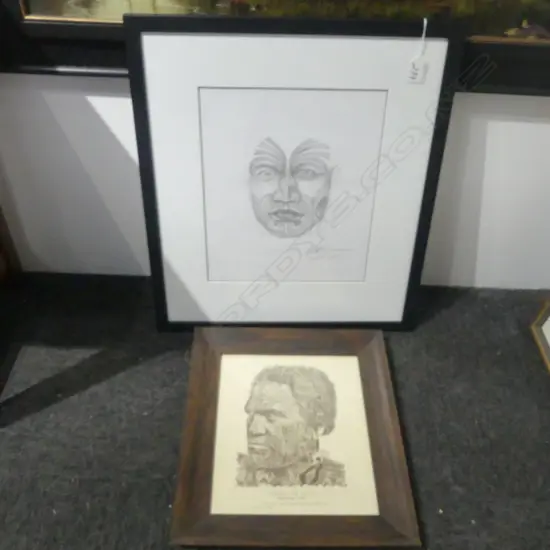 2 FRAMED MAORI SUBJECT, PRINT + WORK ON PAPER 340x270mm