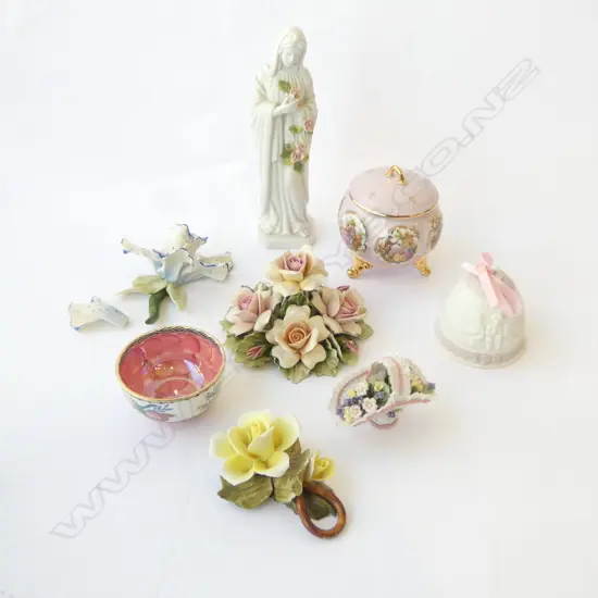 ASST. INCLD; LLADRO BELL, POSY, LIMOGES SML BOWL & 3 PC CAPODIMONTE PORCELAIN FLOWERS (Iris faulted)