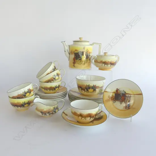 ROYAL DOULTON 'COACHING DAYS' 6 SETTING AFTERNOON TEA SET, TEAPOT, M/S, 6 CUPS/S/P