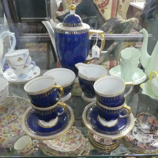COPLAND SPODE BLUE & GILT COFFEE SERVICE POT  C/SUGAR & 4 C/SS