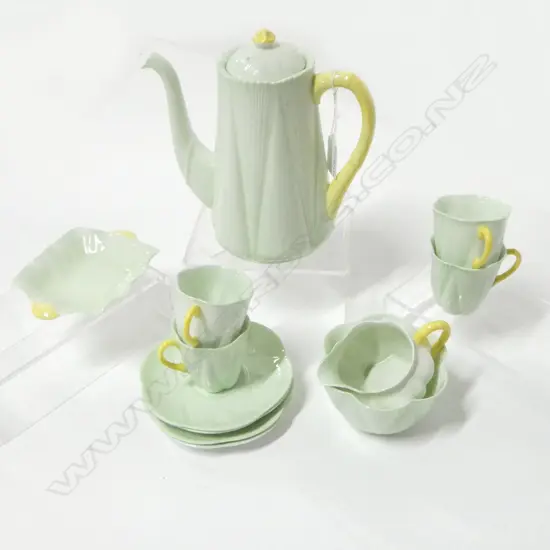 SHELLEY CHINA COFFEE SET COFFEE POT C/SUGAR 4C/S & SMALL DISH GREEN COLOURWAY