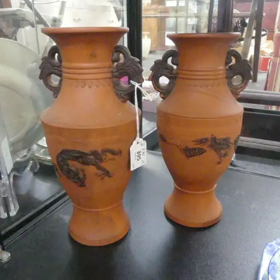 PAIR JAPANESE TERRACOTTA VASES C1900, THREE CLAW DRAGON RELIEF DETAILING , TWO HANDLE HOLDS, H.250mm