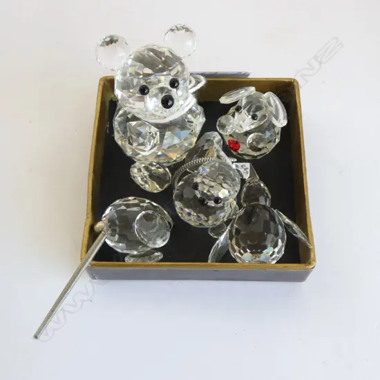 5 SWAROVSKI CRYSTAL FIGURINES; TEDDY BEAR, PUPPY, CAT, MOUSE & PENGUIN