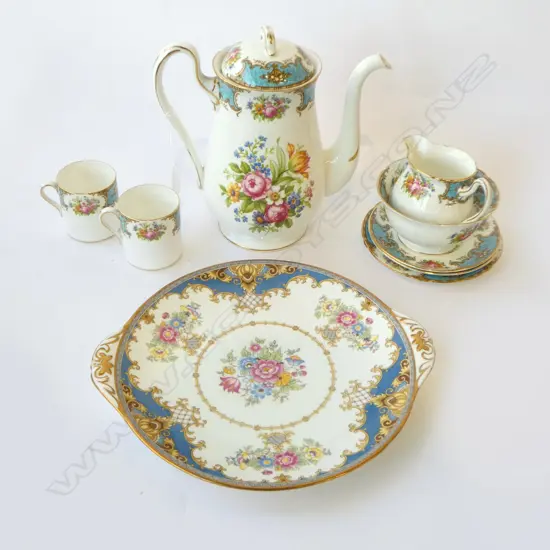 SHELLEY CHINA COFFEE POT C/SUGAR CAKE PLATE 2C/S & SMALL DISH BLUE FLORAL PAT