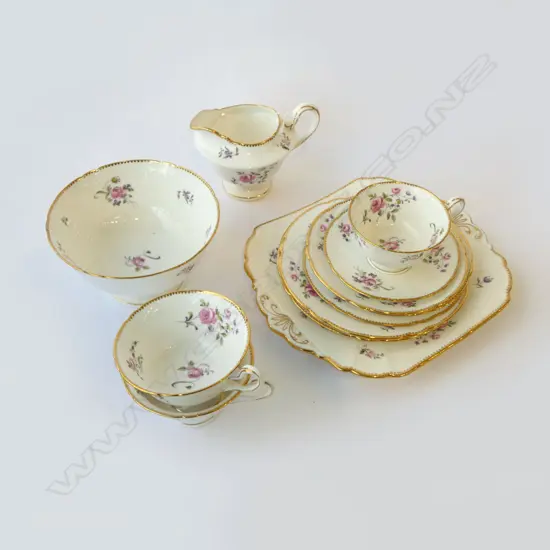 PART SHELLEY CHINA TEASET 2CSPS CAKE PLATE C/SUGAR & SMALL CSP PINK ROSE PAT