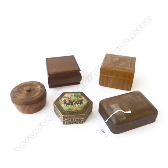 5 BOXES; KHATAM BONE INLAID, MARQUETRY SET OF 3 NESTING BOXES, etc