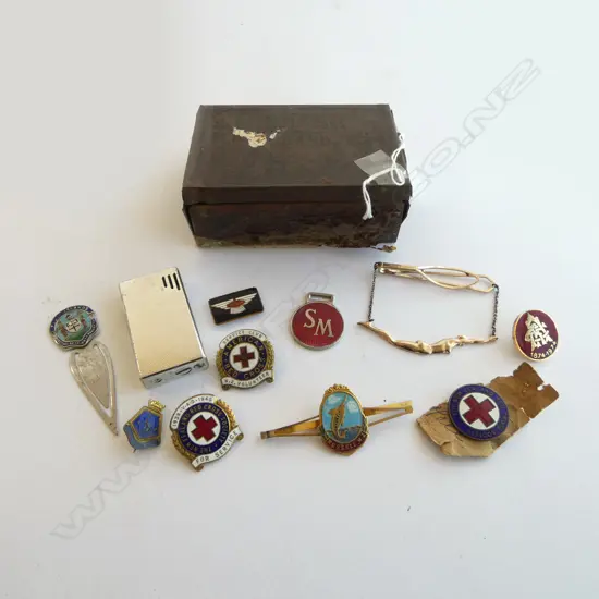 TIN OF VINTAGE ENAMEL BADGES CIG LIGHTER ETC