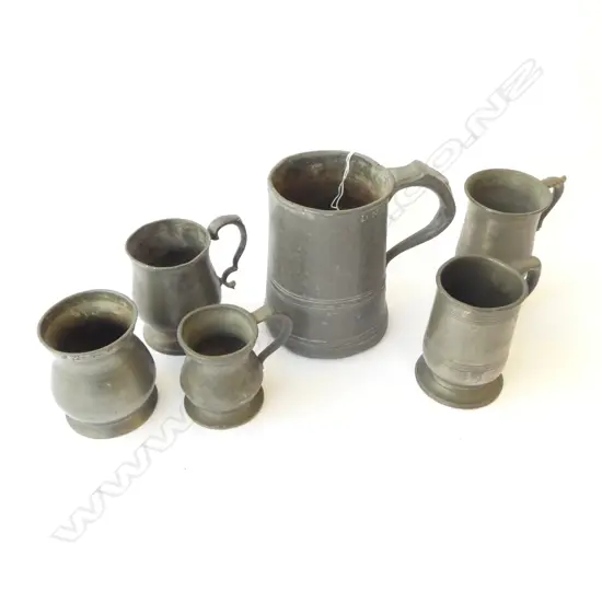  6 GEORGIAN & VICTORIAN PEWTER MEASURES & TANKARDS SOME TOUCH MARKS, H.78-115MM