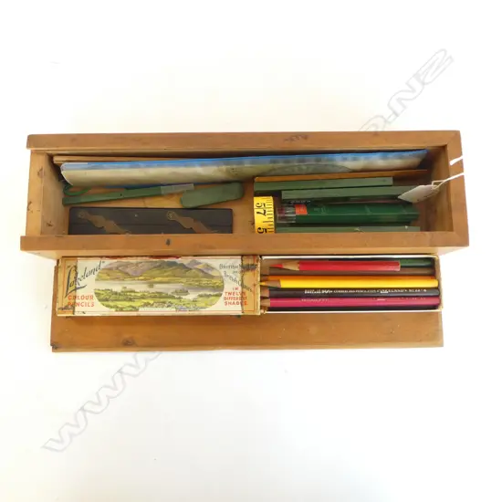 VINTAGE BOX w. ASST. VINTAGE RULERS, COLOUR PENCILS & CASTELL LEAD PEN REFILS