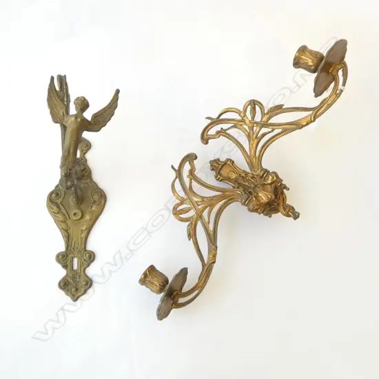 ART NOUVEAU BRASS CANDLE SCONCE & BRASS ANGEL WALL BACKET, W.450MM, H.175MM (SCONCE)