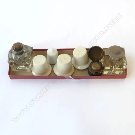 7 ANTIQUE INKWELLS ONE TRAVELLING, 4 PORCELAIN, ETC