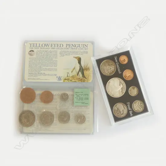 1988 N.Z. PROOF COIN SET w. 925 SILVER $1 COIN (27.216gms) + N.Z. 1965 COMPLETE DECIMAL COINAGE