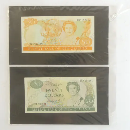2 NZ DECIMAL BANK NOTES signed by DONALD BRASH, $50 & $20