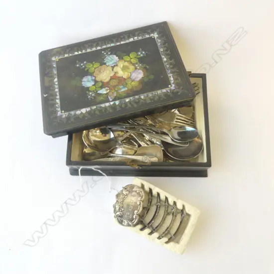 ASST. EP CUTLERY IN HAND PAINTED MOP INLAID BOX (FAULTS)