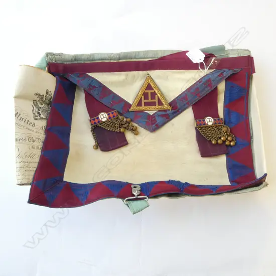TWO VINTAGE MASONIC APRONS & UNITED GRAND LODGE DOCUMENT 