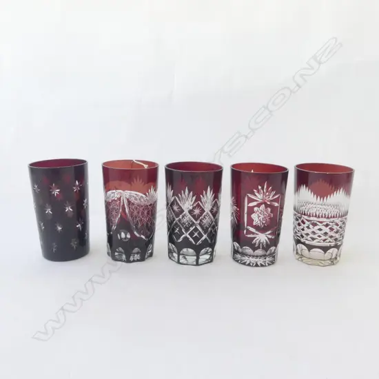  FIVE CUT GLASS RUBY RED TUMBLERS H130mm