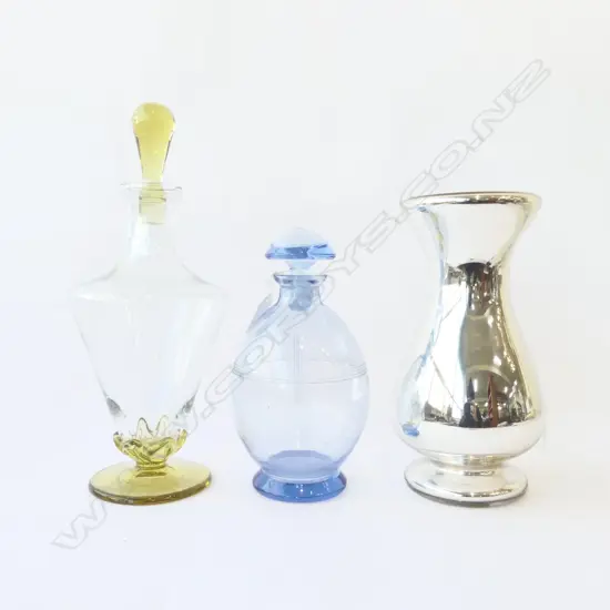 MERCURY GLASS VASE H240MM & 2 COLOURED GLASS DECO DECANTERS H320 & 200MM