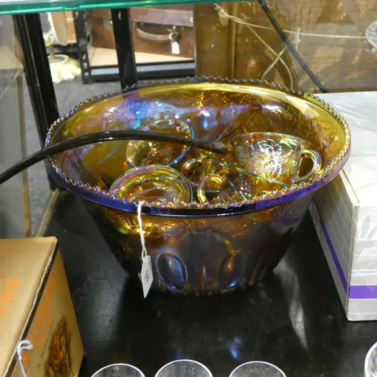 LUSTRE GLASS PUNCH BOWL + 11 CUPS 