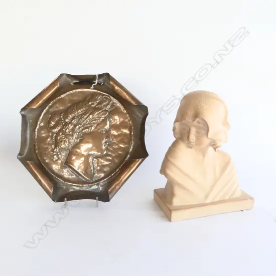 ART NOUVEAU BISQUE FIRED MAGDALENA BUST, H.240mm (small chip to base) & COPPER PLAQUE w Roman woman relief