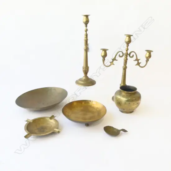 7 PCES OF BRASS INCLUDING CANDLESTICK & CANDLEABRA