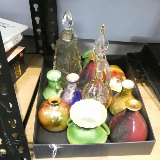 TRAY OF MINIATURE VASES & 2 STOPPERED BOTTLES H200MM TALLEST