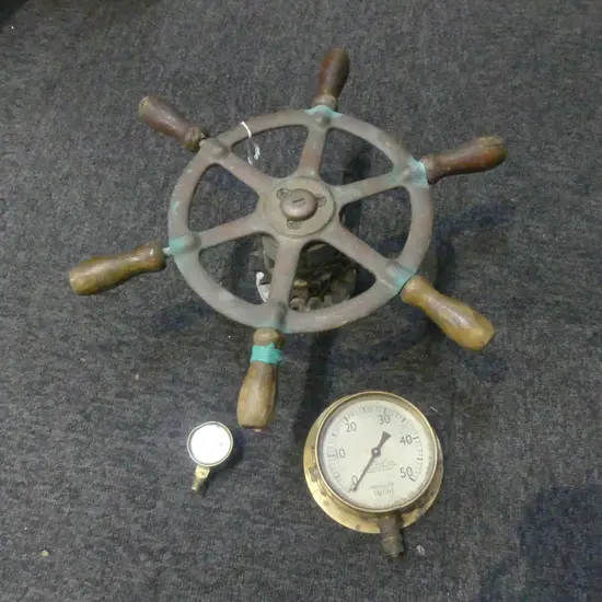 BRASS LAUNCH WHEEL 375mm dia + TWO GAUGES