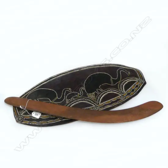  ABORIGINAL BOOMERANG + TRIBAL ART TREE BARK L690mm