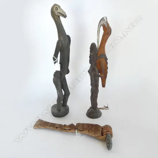 TWO PAPUA NEW GUINEA CARVED WOOD FIGURES H.350mm HAFTED STONE ADZE  