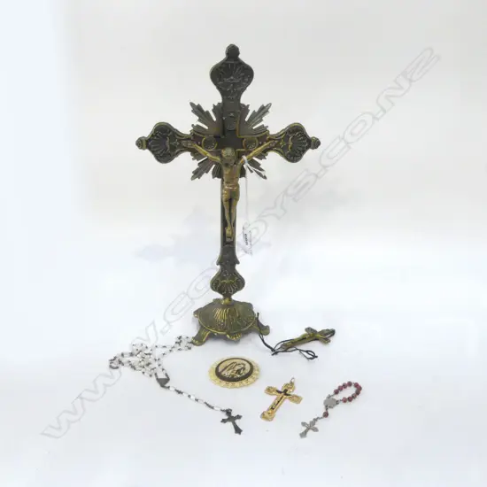 METAL ALTAR CROSS, ROSARY BEADS, 2 CROSS PENDANTS etc