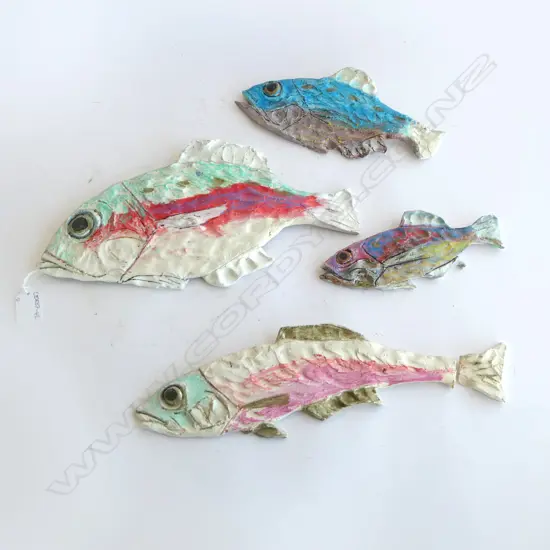 4 N.Z. POTTERY FISH FORM WALL HANGINGS L.330mm One fish tail needs repair, all inscribed with potters name verso 