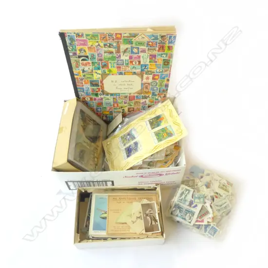 ASST. LOOSE WORLD STAMPS + STAMP ALBUM & WORLD POSTCARDS