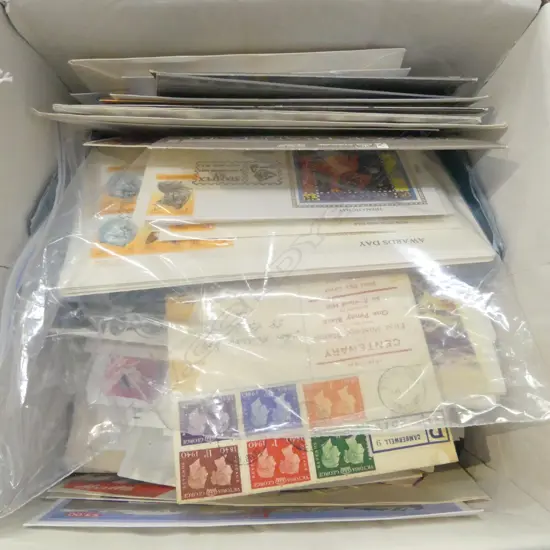 BOX OF FIRST DAY COVERS ETC
