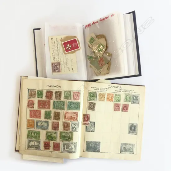 OLD WORLD STAMP ALBUM with world collection + SMALL STAMP STOCK BOOK. ChCh 1/2d green etc