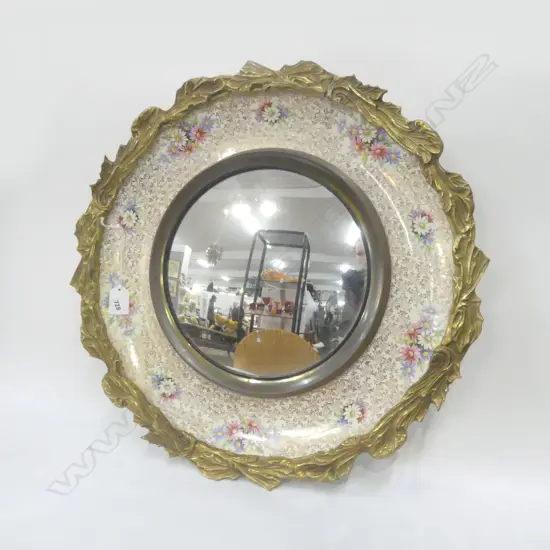 CONVEX MIRROR w. BRASS & CERAMIC FRAME 350mm dia
