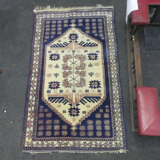 PERSIAN H/KNOTTED WOOL RUG 1800 x 1100mm cream ground + indigo geometric motifs autumnal tones