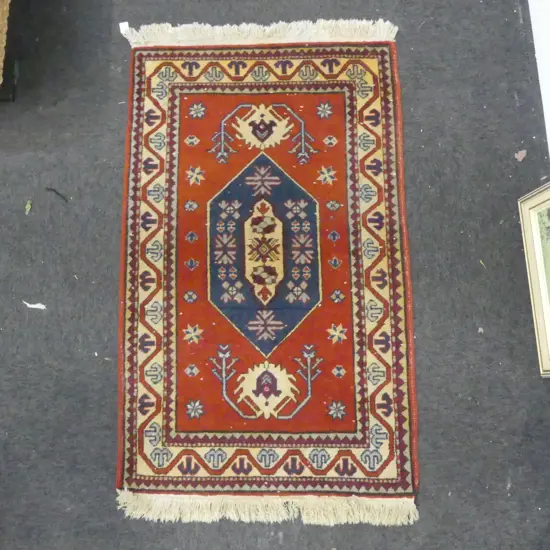 PERSIAN RUG, GEOMETRIC PATTERNS, RED BLUE COLOURS, 1220 x 760mm