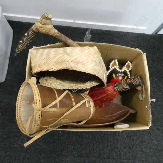 ASST. TRIBAL WOVEN BASKETS, SHELLS, CARVED WOOD CEREMONIAL BOWL, etc