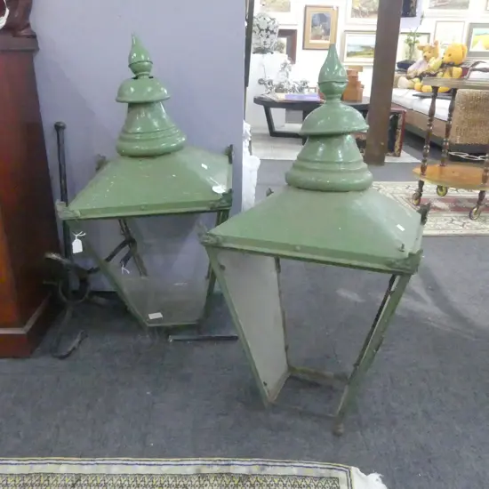 2 VINTAGE GREEN METAL STREET LANTERNS (FAULTS) H.840mm