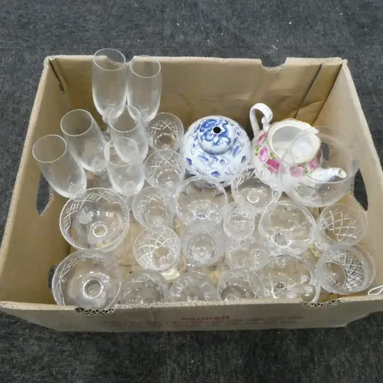 BOX OF CRYSTAL GLASSES FLUTES R/A TEAPOT NO LID  CHINESE LAMP BASE ETC