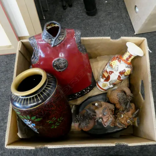 3 ASIAN VASES + TEMPLE DOG FIGURE GROUP (FAULTS)