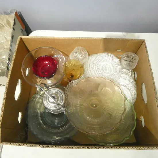BOX OF DEPRESSION GLASS ETC