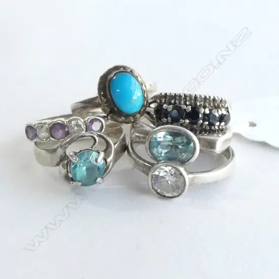 6 ASST. SILVER RINGS w STONES