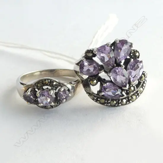 2 SILVER &  AMETHYST & MARCASITE RINGS SIZE P/Q
