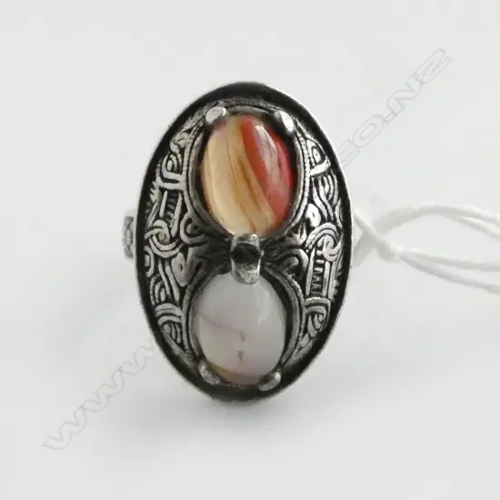 SILVER METAL WITH 2 COLOURED STONES IN RING SIZE R