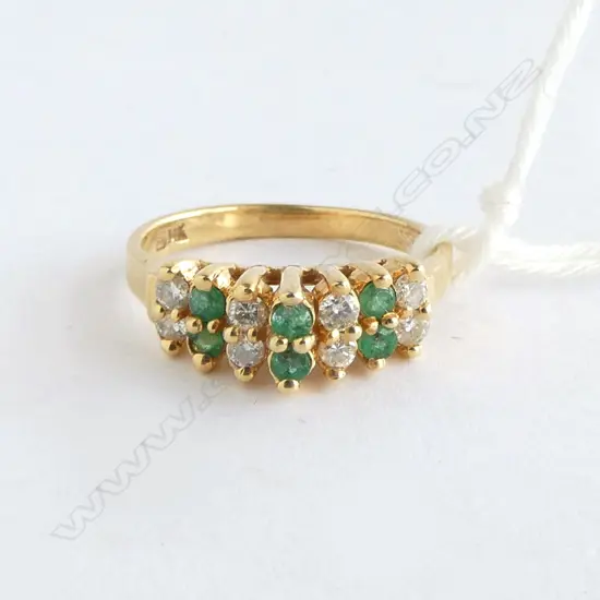 14ct Y/GOLD EMERALD & DIAMOND RING stepped setting w 7 pairs of stones 3.1gms SIZE L