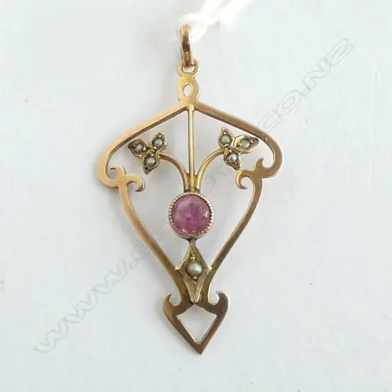 9ct GOLD ART NOUVEAU GEM SET PENDANT 1.7gms