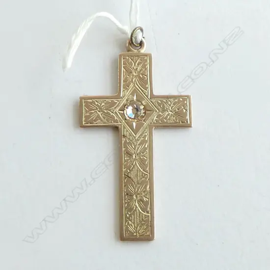 9ct ROSE GOLD CROSS engraved and gem set H.47mm. 6gms