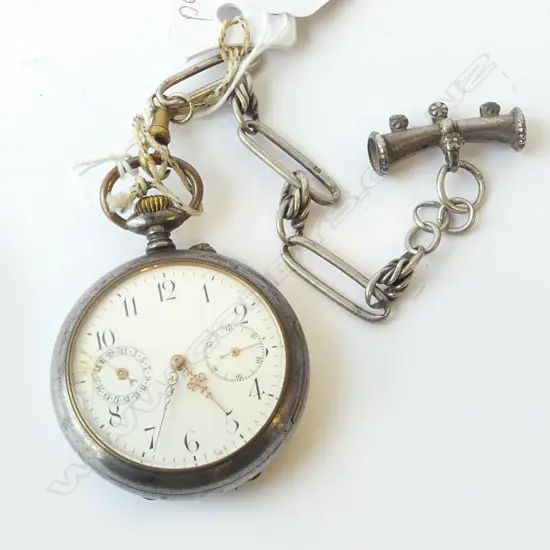 LATE 19thC SWISS POCKET WATCH with gun metal case, keyless movement, silver fob chain