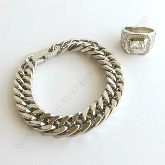 HEAVY STAINLESS CURB LINK BRACELET & LRG 'HIP HOP' STYLE RING w CZ