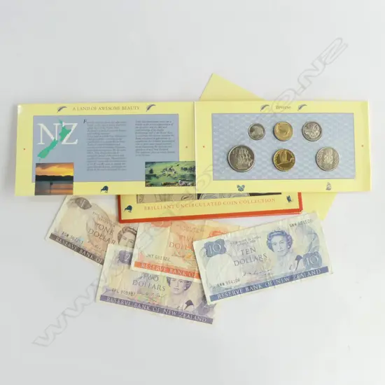 4 N.Z. BANK NOTES (1, 2, 5, 10), + N.Z.1990 COIN SET 